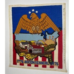 VTG 70s BICENTENNIAL AMERICANA NEEDLEPOINT Folk Art 1776 Farm Bureau Completed